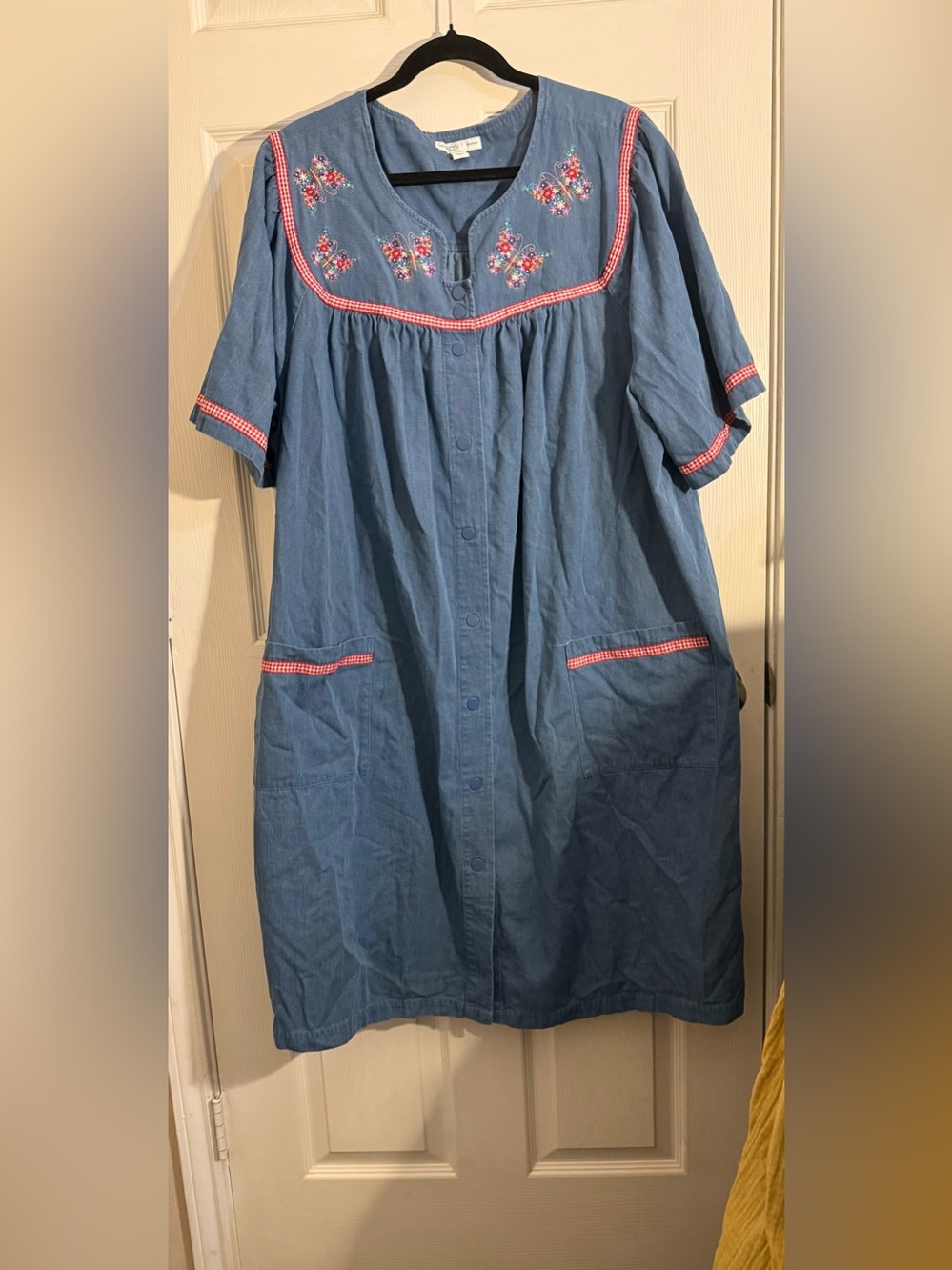 Go Softly Lounge Blue Embroidered Butterflies Snap-Front Dress Pockets 3X